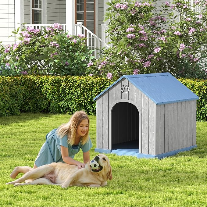 Fancyango Dog House Outdoor Indoor, Weatherproof Insulated Dog House with Elevated Floor and Air Vents for Small to Medium Dogs,Easy Clean and Assemble (Blue, 36.2''L×38''W×38''H)