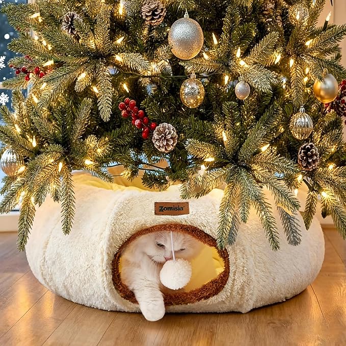 Cat Tunnel Bed for Indoor Cats, Cute Cat Donut Toy Tunnel for Small Large Cats, Peekaboo Pet Cave Play Tunnel Toys for Kitten/Rabbit,Beige