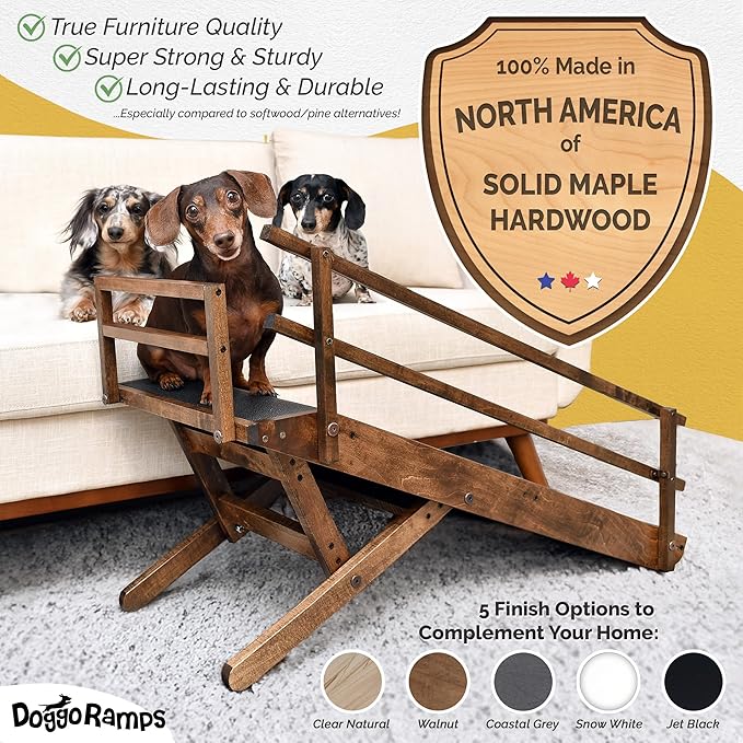 DoggoRamps Dog Ramp with Rails for Couch - Adjustable from 14" to 21" with Anti-Slip Grip & Convenient Platform Top - for Dogs up to 150lbs - Made of Solid Wood in North America