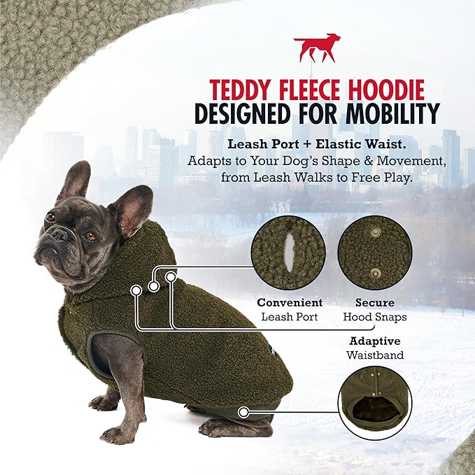 Tuff Pupper Fleece Dog Hoodie Sweater | Teddy Sherpa Outer & Soft Polar Fleece Lining | Adjustable Fit Winter Coat with Hood, Leash Hole, Ribbed Cuffs | For Small Medium Large XL XXL Dogs (Olive, XXS)