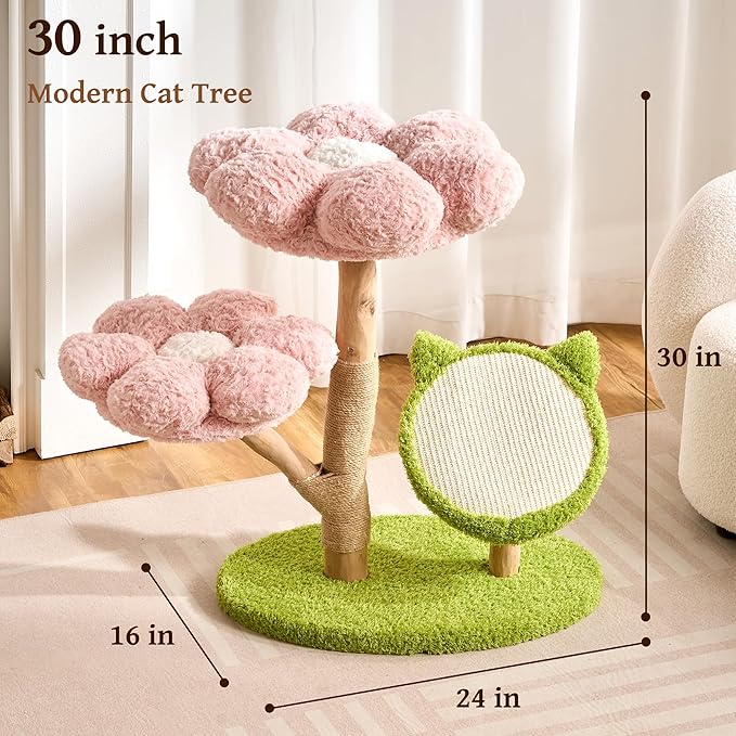 Modern Natural Solid Wood Cat Tree Tower for Indoor Cats Large Adult, 30 inch Flower Cat Tree with Scratching Post, Luxury Aesthetic Cat Tree with Cloud-Soft Flower Perches and Sisal Scratching Pad