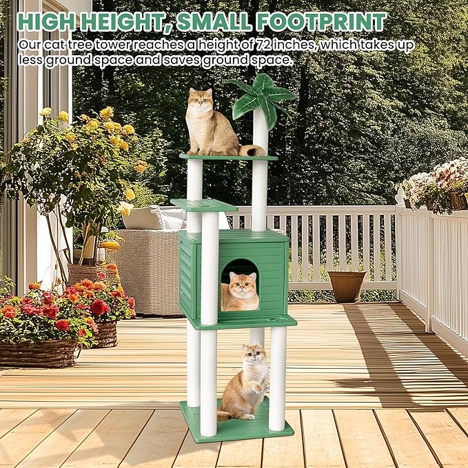 72 Inches Tall Cat Tree, Outdoor Cat House, Weatherproof Large Cat Condo with Cat Scratch Post, for Outdoor and Indoor Cat Towers