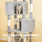 Cat Tree for Indoor Cats - 63in Multi-Level Large Cat Tower with 2 Big Cat Condos, 2 Padded Perches, Hammock, 6 Sisal-Covered Scratching Post and Toys for Kittens Pet Play House, Light Grey