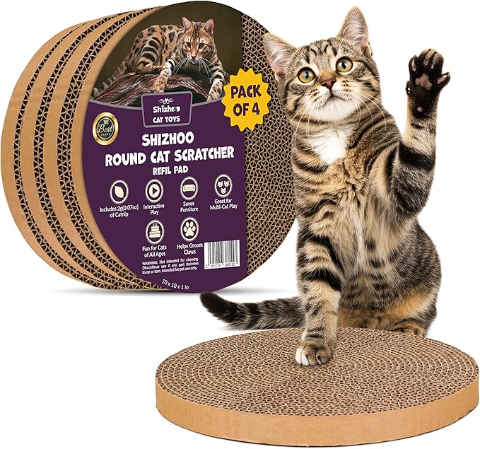 Scratch and Spin Cat Scratcher Replacement Pads for Active Play, Natural Recycled Corrugated Cardboard, Supports Pet Behaviors, Relieves Stress - 4 Count