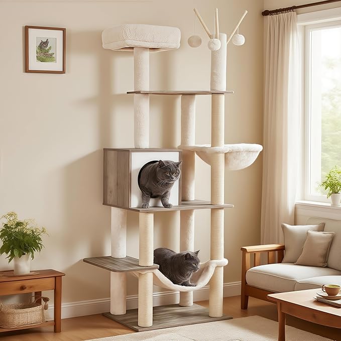 Hey-brother Wooden Cat Tree, 66.1“ Cat Furniture with Scratching Posts, Modern Cat Tower with hammocks, Toys, cat condo, Rustic Gray MPJ120SG