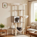 Hey-brother Wooden Cat Tree, 66.1“ Cat Furniture with Scratching Posts, Modern Cat Tower with hammocks, Toys, cat condo, Rustic Gray MPJ120SG