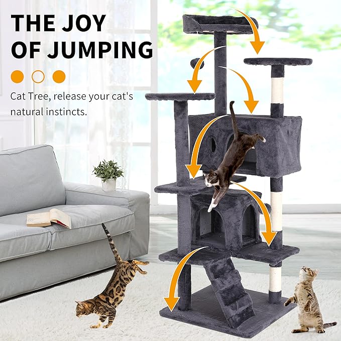 BLKMTY Cat Tree 54" Tall Cats Tower Large Cat Condo Climber Cats Climbing Stand with Top Perches Playhouse and Climbing Ladder Kitty Activity Tree w/Scratching Post Toys, Light Gray