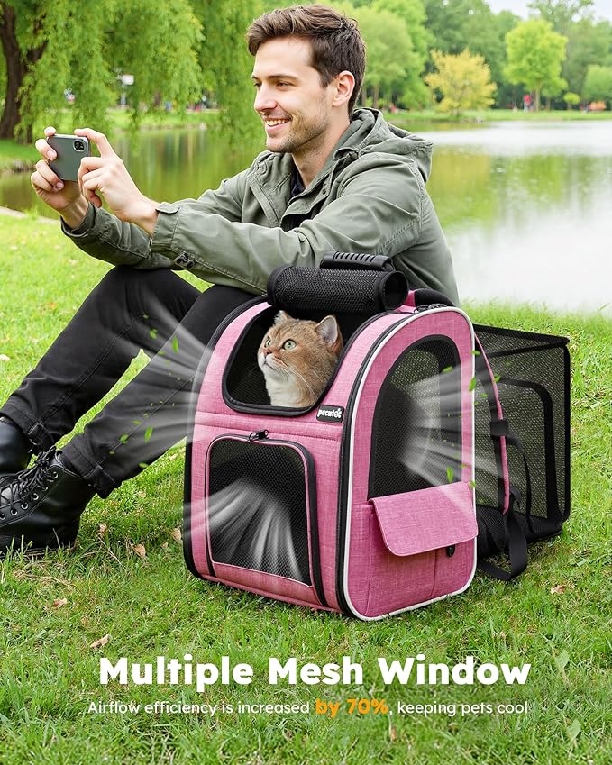 Pecute Cat Backpack Carrier Expandable, Pet Backpack for Cats & Small Dogs Up to 11lbs, with 4-Side Breathable Mesh, Multi-Entry & Lockable Zippers for Travel, Hiking, Camping - Hands Free, Pink