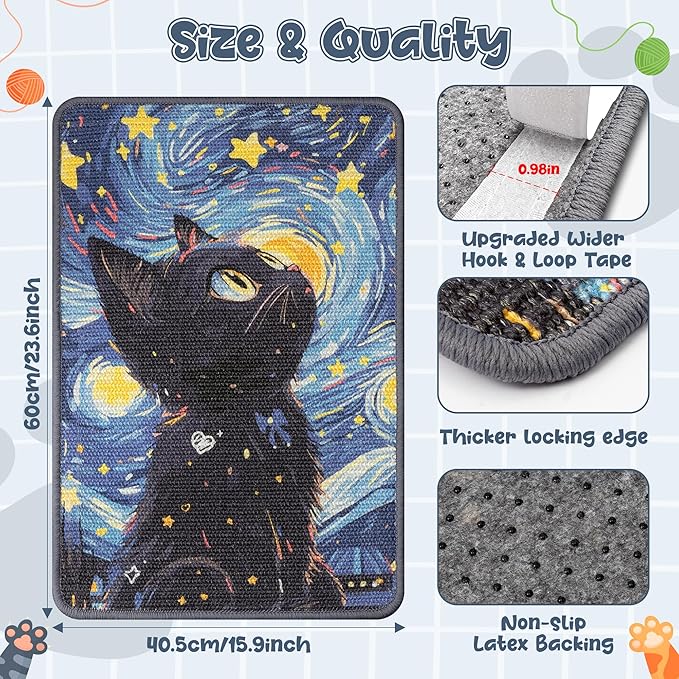 Sisal Cat Scratching Pad, Durable & Shedding-Resistant Wall Scratcher Mat for Indoor Cat, Kitten Art Print Scratching Mats for Carpet Couch Furniture with Adhesive Hook Loop Tape(24*16in)