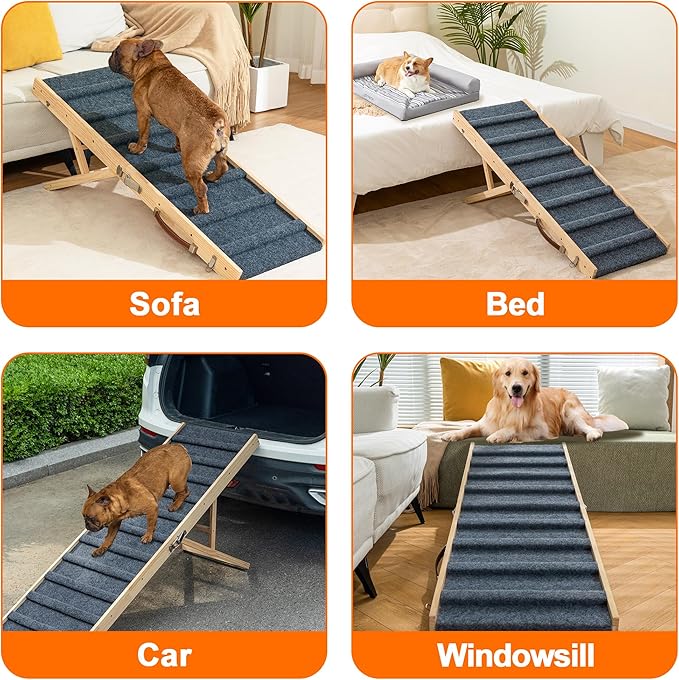 Clikuutory 2025 Upgraded Dog Ramp for Couch, 63" Foldable Small Dog Ramp for Bed, 5 Adjustable Height from 16" to 34", Portable Stable Pet Steps with Anti-Slip Carpet for Low Bed Couch Stairs, Wood