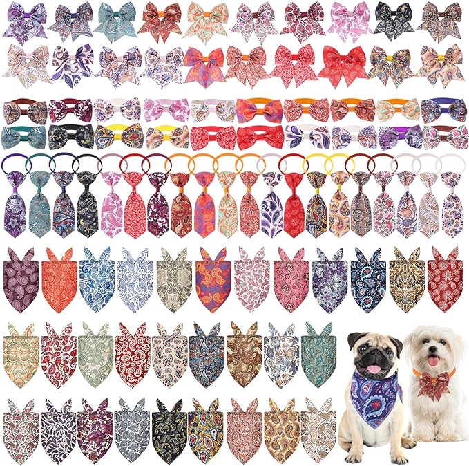Reginary 120 Pcs Paisley Dog Bandanas Bulk Dog Bows Set Bow Ties Cat Scarf Colorful Washable Triangle Pet Kerchief Cute Bib for Summer Small Medium Large Pets Grooming Accessories Costume