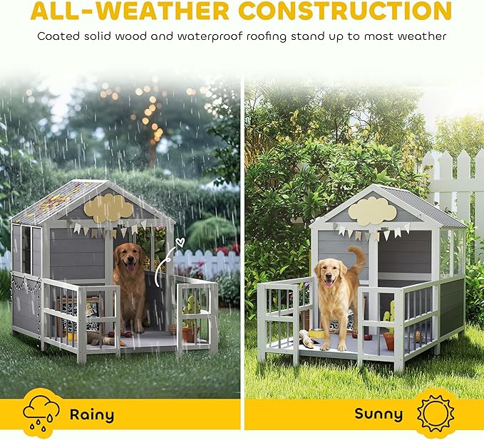 PawHut Dog House Outdoor Indoor, 61" x 41" x 47" Wooden Dog Shelter with Porch, Weatherproof Roof, Elevated Floor, Air Vents & Observation Windows, Large Pet Shelter for Small Medium Large Breeds