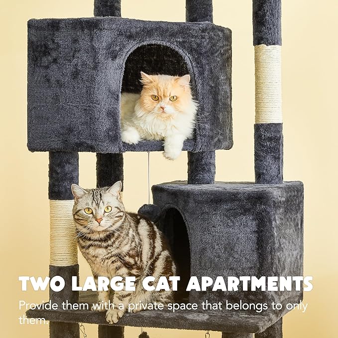 Cat Tree for Indoor Cats - 63in Multi-Level Large Cat Tower with 2 Big Cat Condos, 2 Padded Perches, Hammock, 6 Sisal-Covered Scratching Post and Toys for Kittens Pet Play House, Smoky Grey