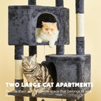 Cat Tree for Indoor Cats - 63in Multi-Level Large Cat Tower with 2 Big Cat Condos, 2 Padded Perches, Hammock, 6 Sisal-Covered Scratching Post and Toys for Kittens Pet Play House, Smoky Grey