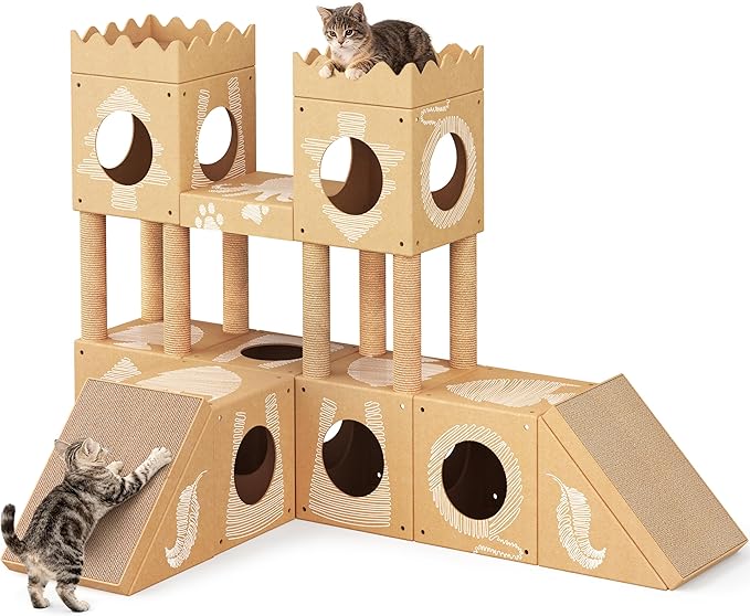 DIY Cardboard Cat House, Multi-Level Cat Tree Tower with Scratching Posts, Scratching Board, Tunnel & Playhouse for Kittens & Adult Cats, Recyclable 61″ × 36.6″ × 40.2″, Kraft Brown