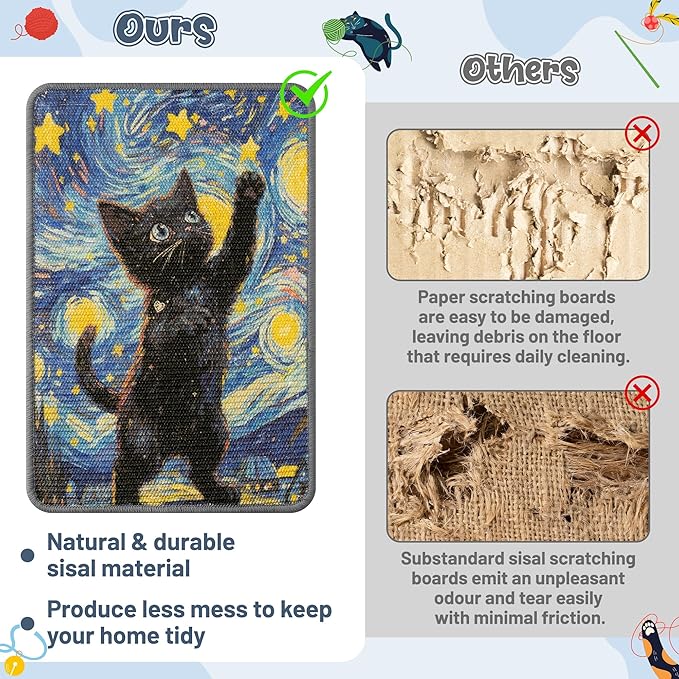 Sisal Cat Scratching Pad - Shedding-Resistant Wall Scratcher Mat for Indoor Cat, Kitten Art Starry Night Scratching Mats for Carpet Couch Furniture with Adhesive Hook Loop Tape(24 * 16in)