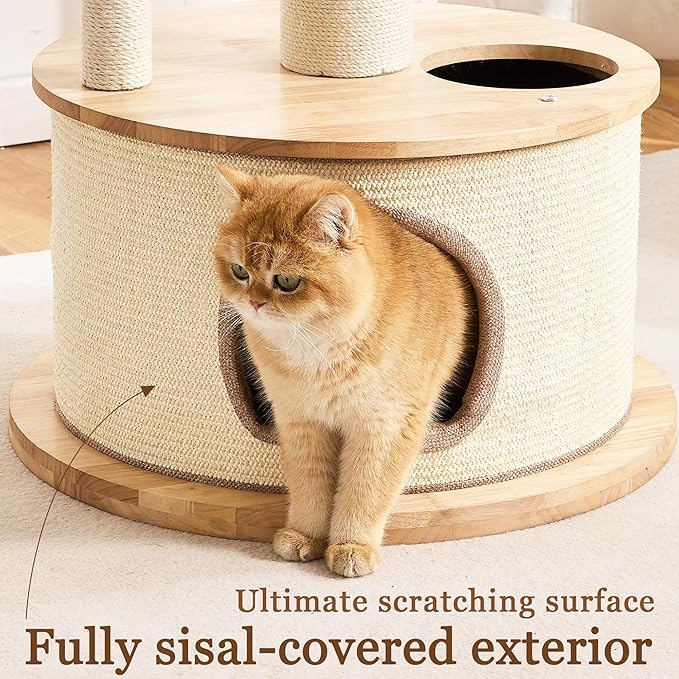 Modern Cat Tree Tower with Scratching Post for Indoor Cats Large Adult, 60 inch Tall Solid Wood Multifunctional Cat Tree Tower with Bed, Space Capsule, Sisal Wrapped Condo, Multiple Cats Use