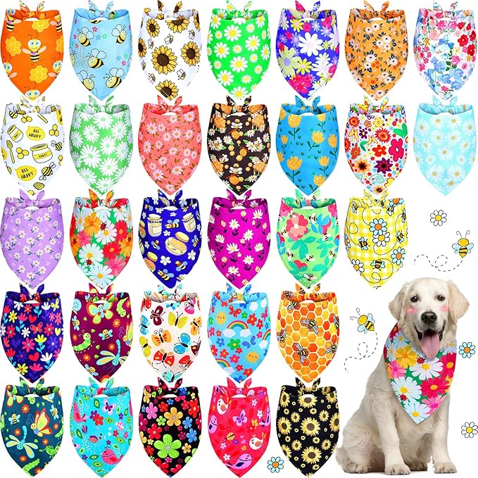 Eccliy 30 Pack Spring Dog Bandanas Bulk Flower Dog Scarfs Summer Head Wrap Soft Triangle Polyester Bandana Pet Costume Cute Bibs with Flowers Patterns for Female Male Small Medium Large