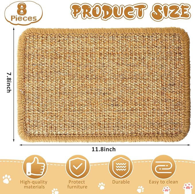 Weysat 8 Pieces Cat Scratcher Mat with Adhesive Loop Tape Scratch Mat for Cats, 7.8 x 11.8 Inch, Sisal Material