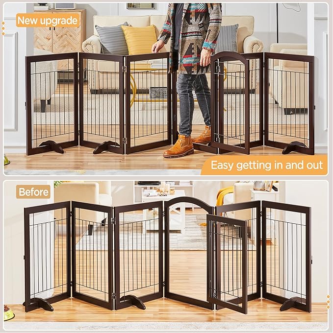 Yaheetech 32-inch Tall Dog Gate with Door Extra Wide Pet Gate for Dogs, Foldable Wire & Wooden Puppy Safety Fence w/3 Support Feet,Freestanding Dog Gate for the House,Doorway,Stairs(Espresso,6 Panels)