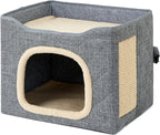 Cat Houses for Indoor Cat, Large 2-Sided Reversible Cushion Cat Condo with Safety Strap, Foldable Cat Hideway with Sisal Scratch Pad, All Seasons Pet Bed for Multi Cats,Light Grey