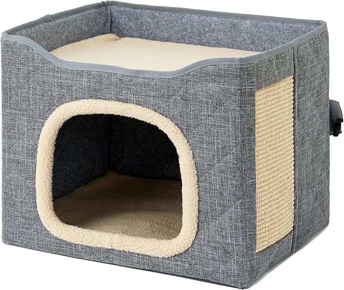 Cat Houses for Indoor Cat, Large 2-Sided Reversible Cushion Cat Condo with Safety Strap, Foldable Cat Hideway with Sisal Scratch Pad, All Seasons Pet Bed for Multi Cats,Light Grey