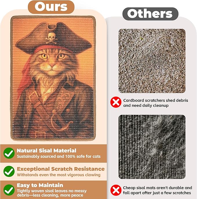 Sisal Cat Scratcher Mat, Cat Wall Scratcher for Indoor Cats, 23.6x15.7 Inch Cat Scratch Pad with Hook & Loop, Wall Mounted Cat Scratching Post to Protect Couch and Carpet（Explorer Cat）