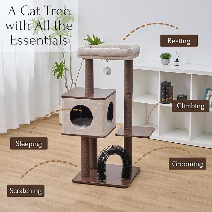 Petpals 4 Level 43" Minimalist Design Cat Tree with Wood Condo,Replaceable Paper Rope Scratching Posts,Full Body Bruch,Removeable and Washabel Bed (Brown and Beige)