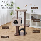 Petpals 4 Level 43" Minimalist Design Cat Tree with Wood Condo,Replaceable Paper Rope Scratching Posts,Full Body Bruch,Removeable and Washabel Bed (Brown and Beige)