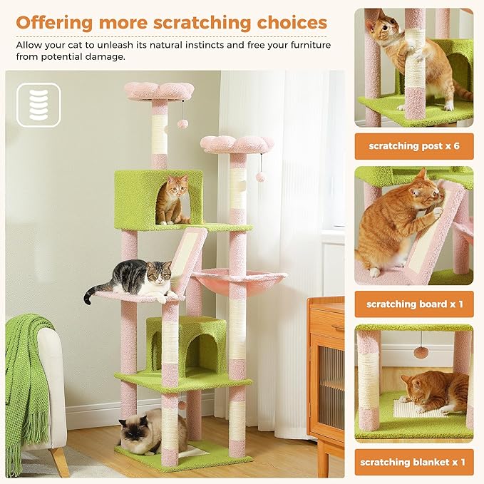 PAWZ Road Pink Cat Tower, 70 Inches Flower Cat Tree with 2 Cozy Condos, 2 Plush Perch, Large Basket, 2 Scraching Pad & 6 Scraching Posts for Indoor Cats Large Adult