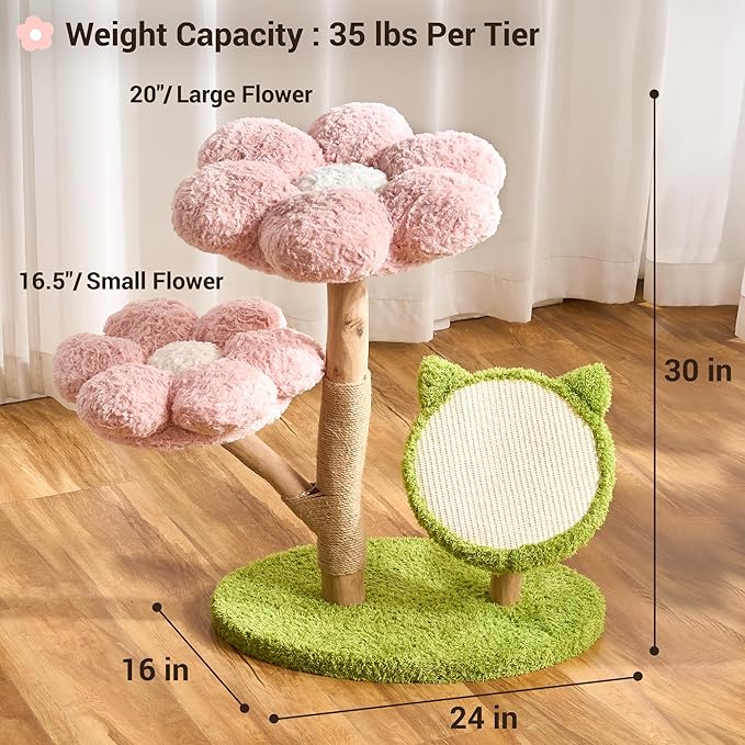 Aesthetic Flower Cat Tree Tower with Scratching Post for Indoor Cats, 30" H Modern Cat Tree with Natural Solid Wood Branch, Fluffy Cat Beds Removable & Large Scratching Board, Creamy White