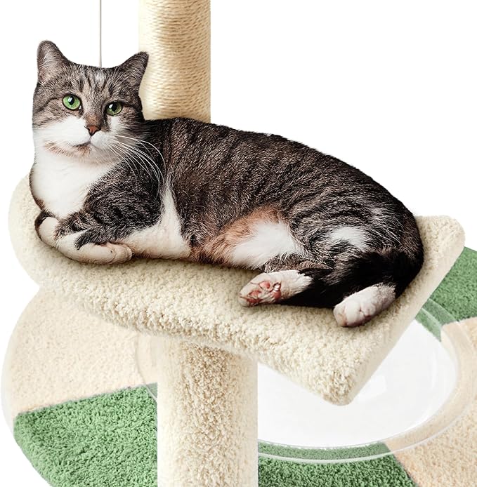 Yaheetech Cat Tree, 35.5in Cat Tower for Indoor Cats, Cat House with Scratching Posts & Padded Perch & Space Capsule, Cute Kitten Tree, Pet Furniture for Kittens, Army Green/Beige
