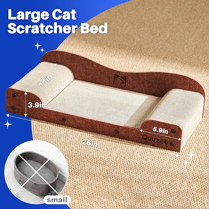 26-Inch Large Cat Scratcher Lounger Bed, Durable Cat Scratching Pad, Cat Scratch Board for Indoor Cats, Corrugated Cardboard Cat Scratcher Bed to Lounge and Scratch, Furniture Protector, Brown