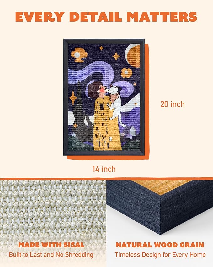 Decorative Wall Art Cat Scratcher for Vertical Scratching, 14"x20" Framed Sisal Scratch Pad Mat with Renter-Friendly No-Drill Wall Mounted Setup, Durable Alternative to Cardboard (Not the Kiss)
