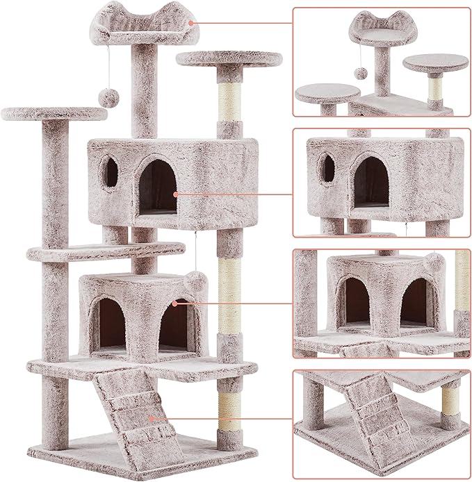 Topeakmart 54in Cat Tree, Cat Tower w/Large Cat Condo Scratching Posts and Perch, Cat Stand House Furniture, Brown/White