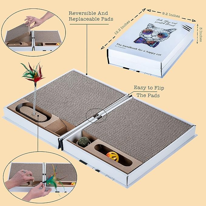 All-in-One Cat Scratcher Pad and Play Area, Foldable & Easy to Store Book-Shaped Cardboard with 2 Reversible & Replaceable PCs Dense Scratch Pad Cat/Kitten,with Cat Ball/Cat Feather Toy & Catnip Ball