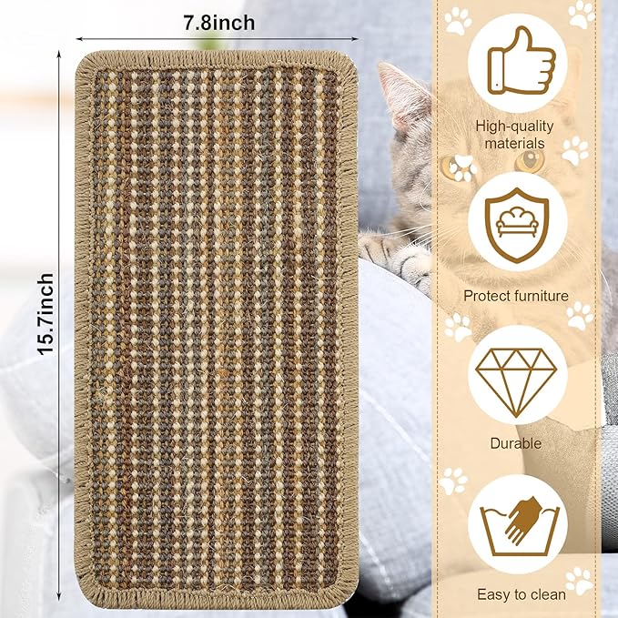 Weysat 4 Pcs Cat Scratcher Mat, Natural Sisal Scratch Mat with Sticky Tapes, 7.8 x 15.7 Inch Cat Scratch Pad Rug Scratching Pad for Protecting Sofa Furniture Chair