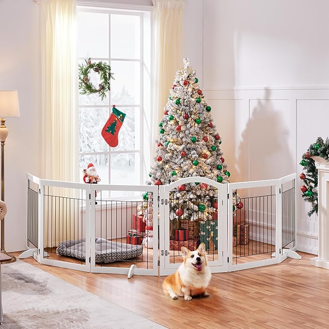 Yaheetech 32-inch Tall Dog Gate with Door Extra Wide Pet Gate for Dogs, Foldable Wire & Wooden Puppy Safety Fence w/3 Support Feet,Freestanding Dog Gate for The House, Doorway, Stairs(White,6 Panels)