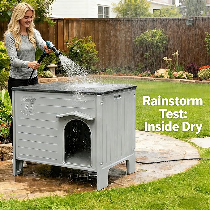Insulated Outdoor Indoor Dog House with Mat Plastic Weatherproof Elevated Dog Shelter, Easy Assemble, Expansive Interior‌ Grey 38.3" D * 26.5" W * 32.4" H