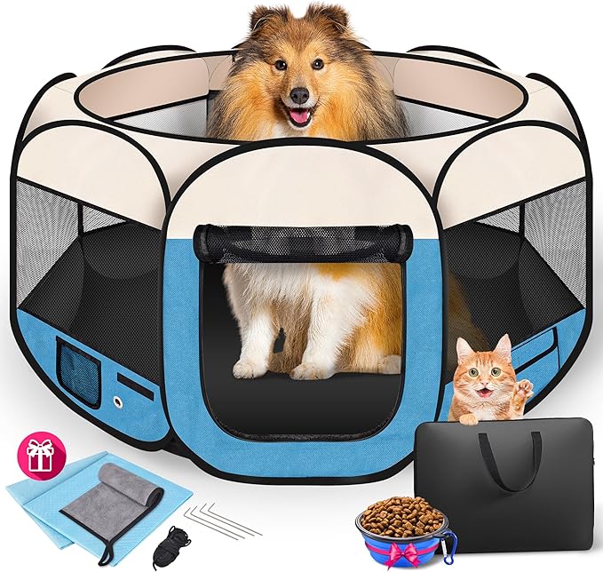 Dog Playpen 45", HOMAGICO Pet Playpen for Indoor Cats Enclosed, Portable Dog Cage Outdoor Tent Crate with Carrying Case, Water-Resistant and Removable Shade Cover, Blue