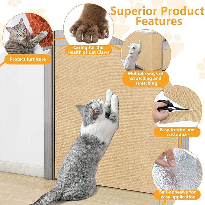 Cat Scratch Pad for Wall,Cuttable and Adhesive Cat Scratching Mat,Fun Interactive Scratcher,Cat Scratch Furniture Protector (Khaki,39.3×15.8inch)