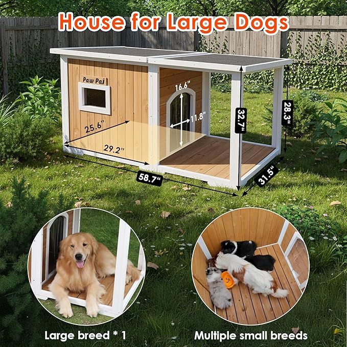 Dog House Outdoor, 59” Insulated Dog House, Weatherproof Outdoor Dog House Insulated with Elevated Floor and Openable Roof, Wooden Dog Houses Large