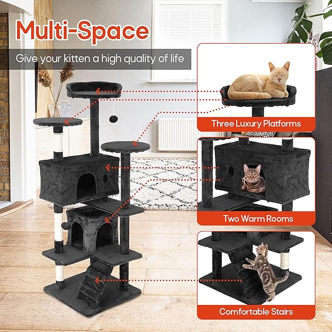 24/7 Shop at Home Court 54 inch Multi-Level Cute Cat Tree Tower with Dangling Ball and Scratching Posts for Indoor Cats Adults, Kitten Supplies, Pet House, Dark Gray