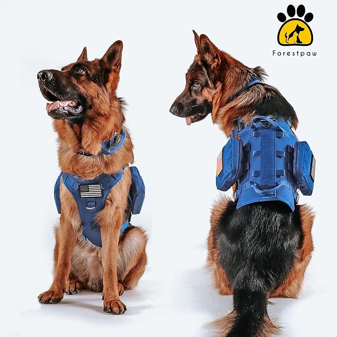Forestpaw Dog Harness Medium Sized,Tactical Dog Harness with Handle,No Pull Military Style Service Dog Vest with Pockets Adjustable for Medium Large Dogs,Blue,Chest 15.5-25.5"