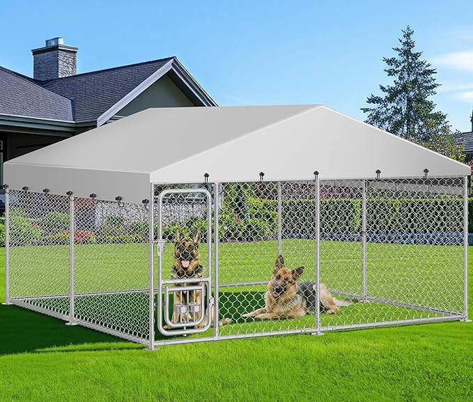 DWVO 10'x10' Dog Kennel Outdoor with Rotating Feeder Bowls, Outdoor Dog Pens with Roof, Heavy Duty Dog House for Medium Large Dogs