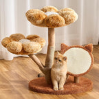 Aesthetic Flower Cat Tree Tower with Scratching Post for Indoor Cats, 30" H Modern Cat Tree with Natural Solid Wood Branch, Fluffy Cat Beds Removable & Large Scratching Board, Sunset Brown