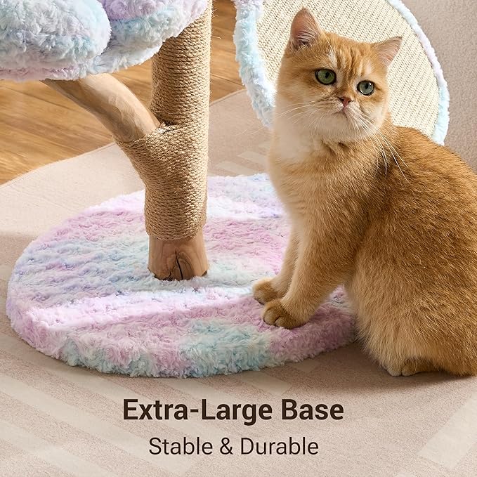 Aesthetic Flower Cat Tree Tower with Scratching Post for Indoor Cats, 30" H Modern Cat Tree with Natural Solid Wood Branch, Fluffy Cat Beds Removable & Large Scratching Board, Sakura Pink