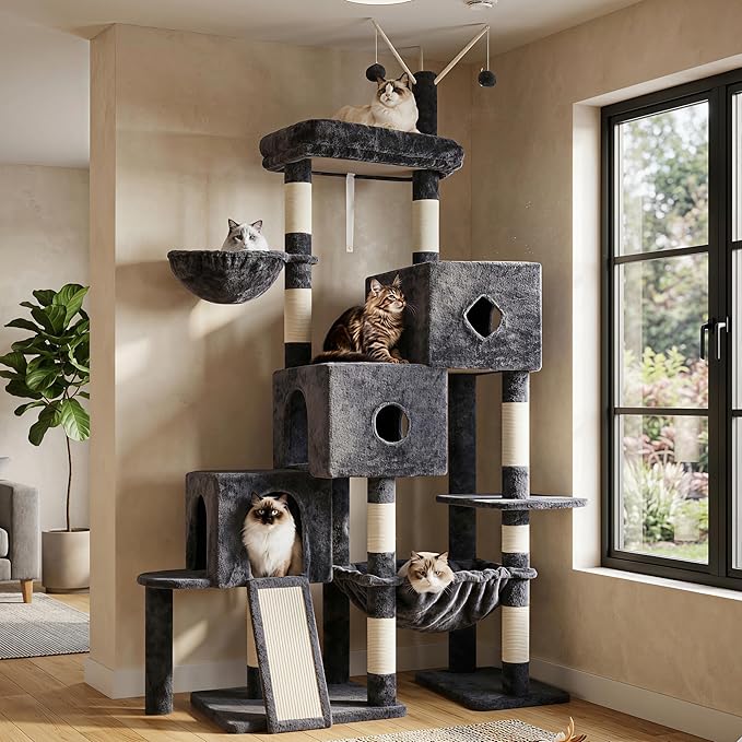 Hey-brother Cat Tree Tower, Scratching Posts with 3 Condos, Large Basket, Cozy Bed, Sisal Board, Step-by-Step Climbing Pathway and Toys, 74.8 inches Furniture for Big Indoor Cats, Smoky Gray MPJ081G
