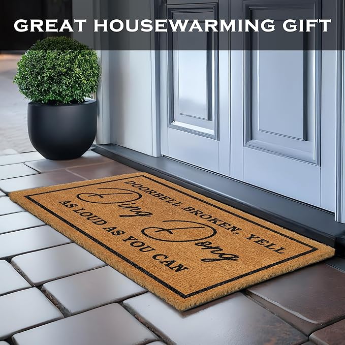 MAINEVENT Ding Dong Doorbell Door Mat 30x17 Inch, Doorbell Broken Welcome Mat for Covered Outdoor Area, Door Bell Broken Yell Ding Dong Doormat, Coir Welcome Rug Funny