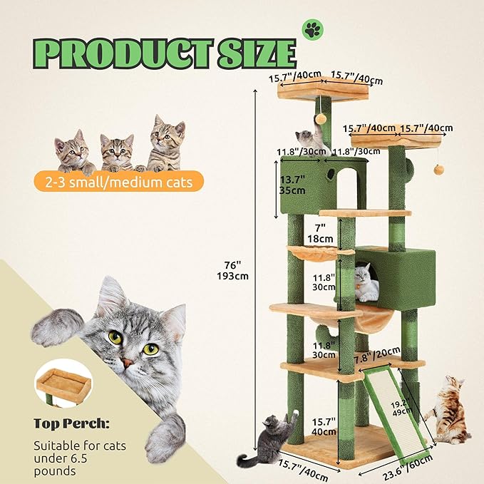 DWVO Cactus Cat Tree for Large Cats: 76" Tall with Self-Grooming Brush, Cute Kitten Climbing Tower for Indoor Kittens with Cat Condo, Top Perch, Basktet, Sisal Scratching Posts, Dangling Ball